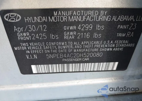 2013 Hyundai Sonata Gls z USA, uszkodzony, nr VIN 5NPEB4AC2DH520080